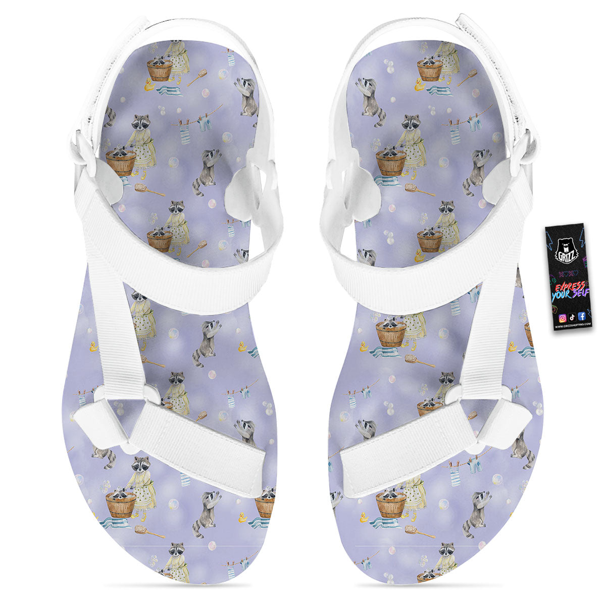 Raccoon Watercolor Print Pattern White Open Toe Sandals-grizzshop
