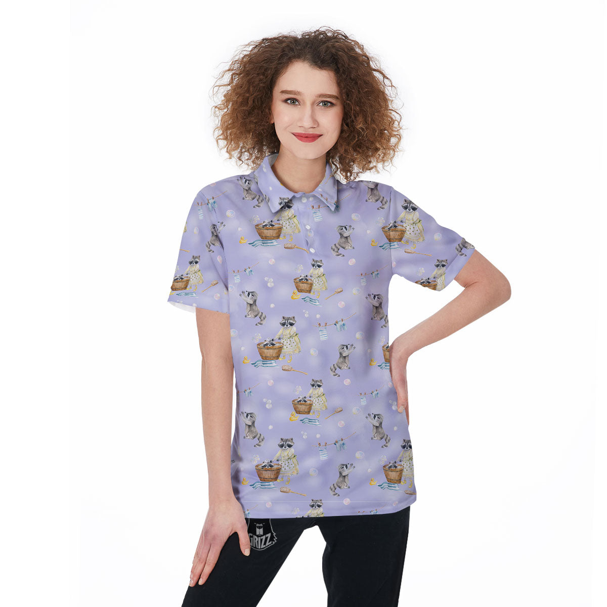 Raccoon Watercolor Print Pattern Women's Golf Shirts-grizzshop