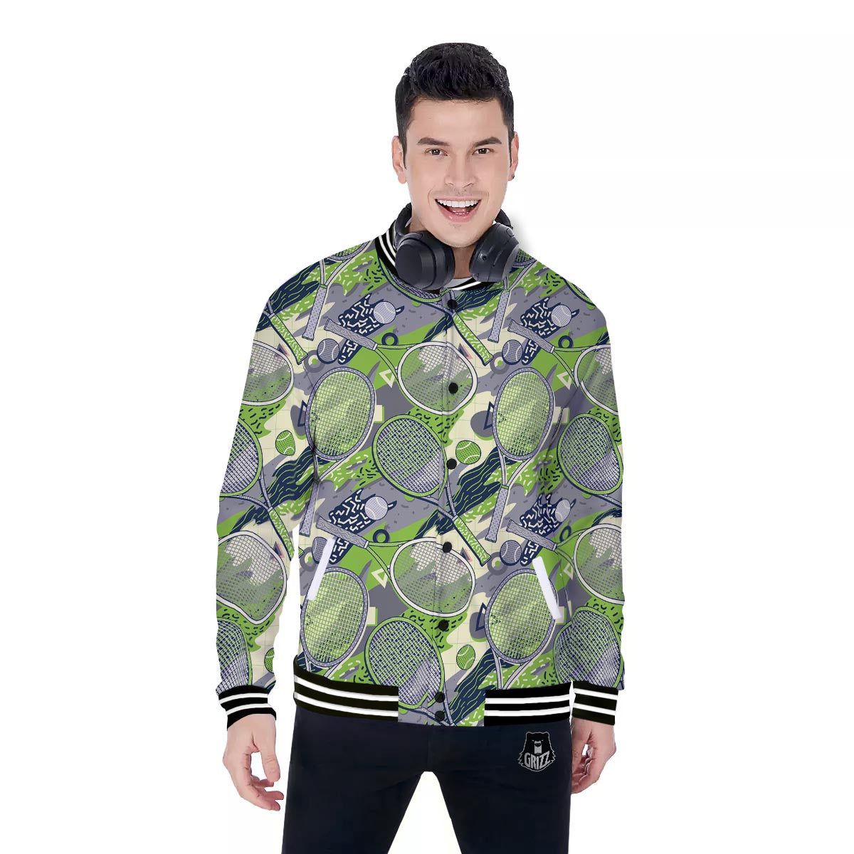 Racket And Tennis Ball Print Pattern Baseball Jacket-grizzshop