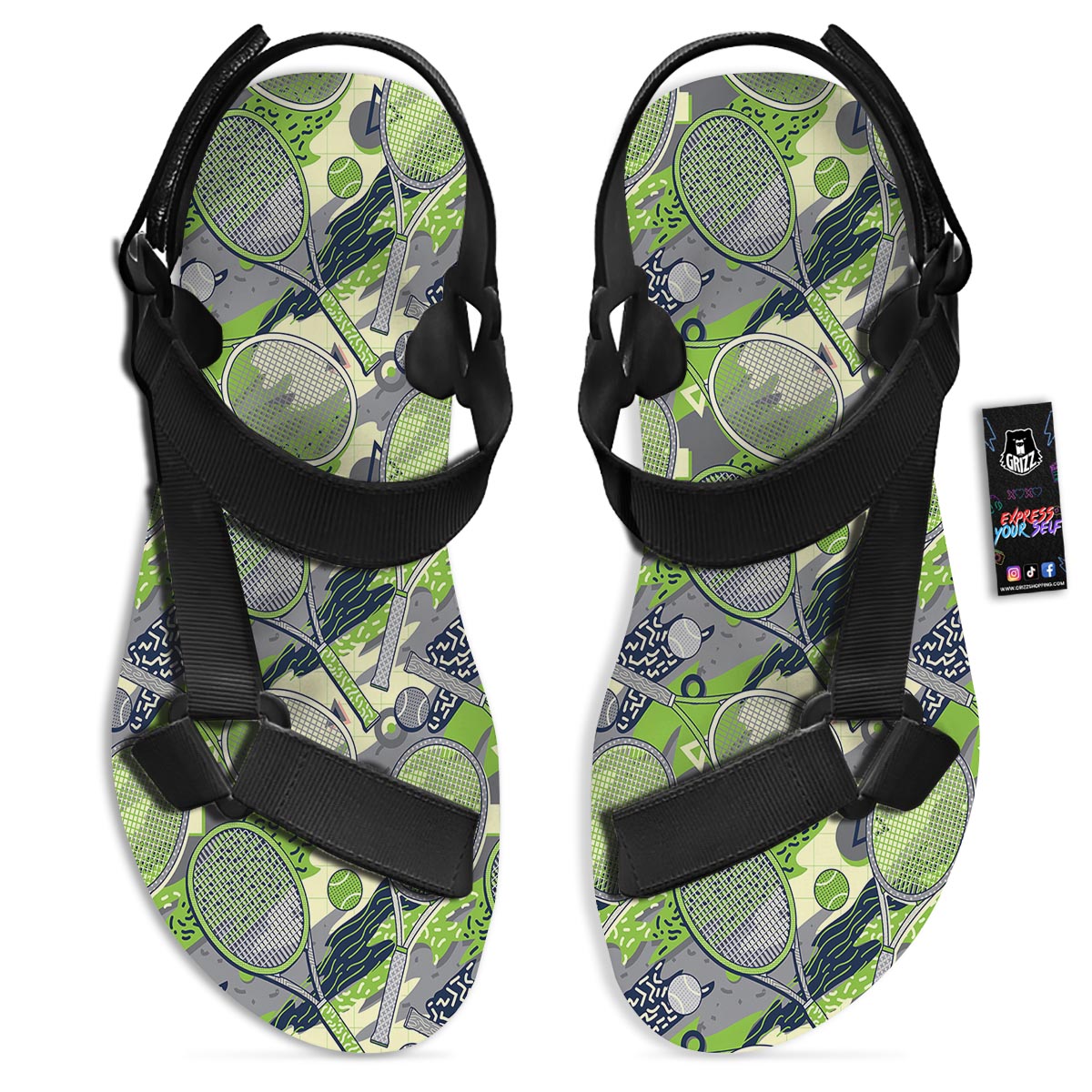 Racket And Tennis Ball Print Pattern Black Open Toe Sandals-grizzshop