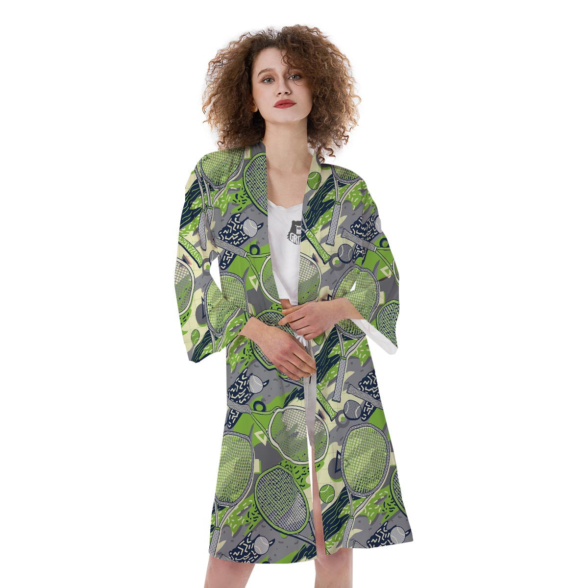 Racket And Tennis Ball Print Pattern Kimono-grizzshop