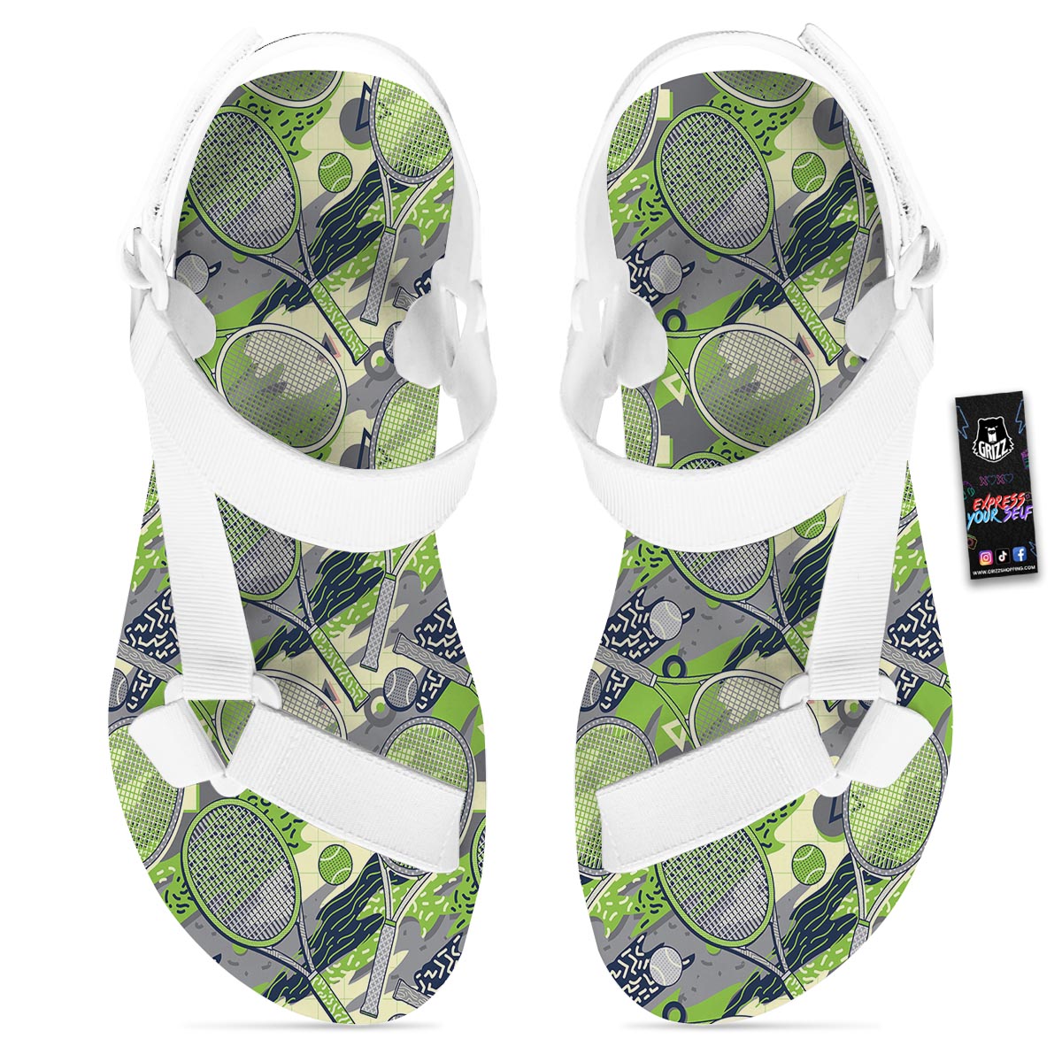 Racket And Tennis Ball Print Pattern White Open Toe Sandals-grizzshop