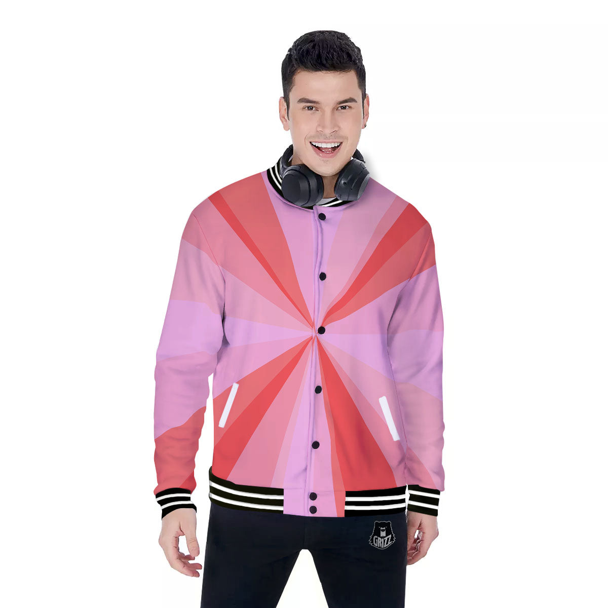 Radial Rays Pink Print Baseball Jacket-grizzshop