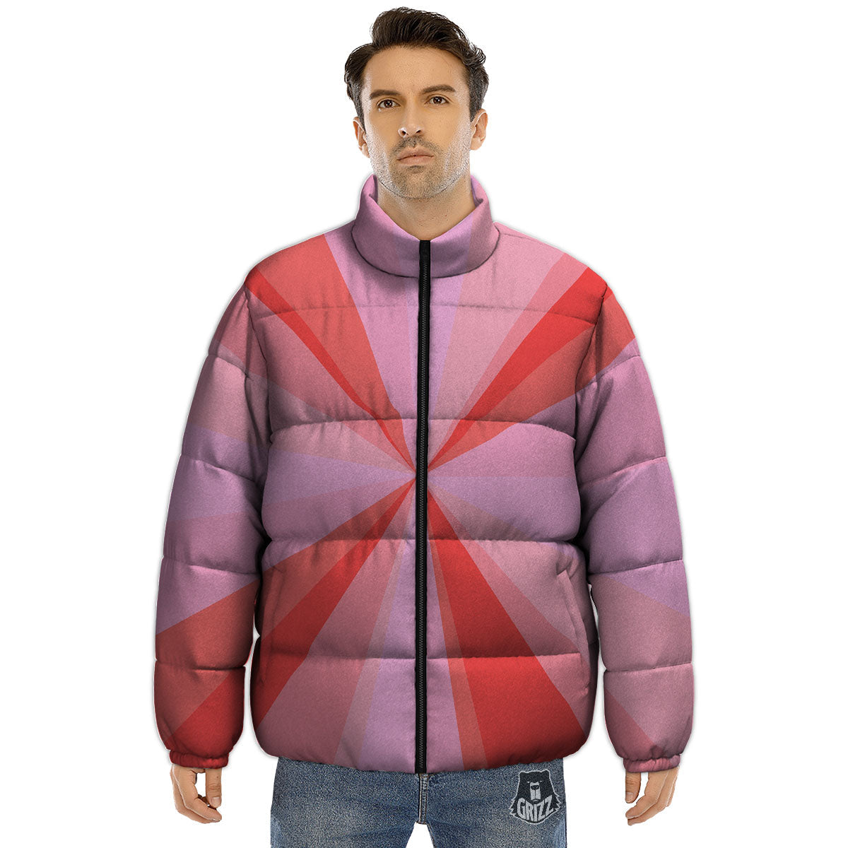 Radial Rays Pink Print Puffer Jacket-grizzshop