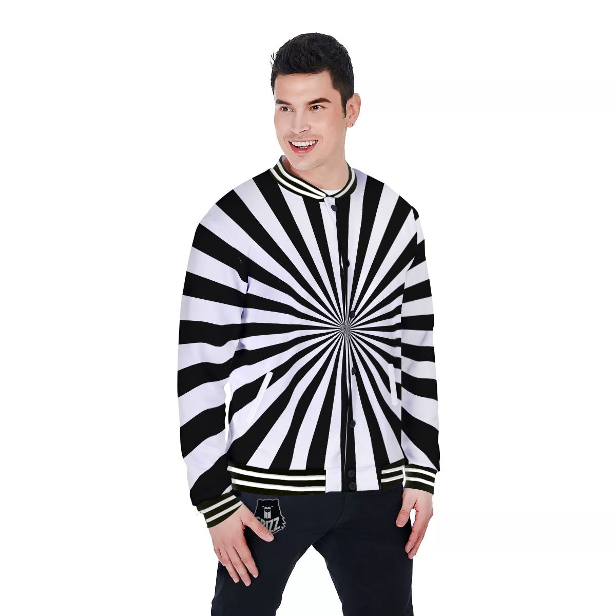 Radial Rays White And Black Print Baseball Jacket-grizzshop