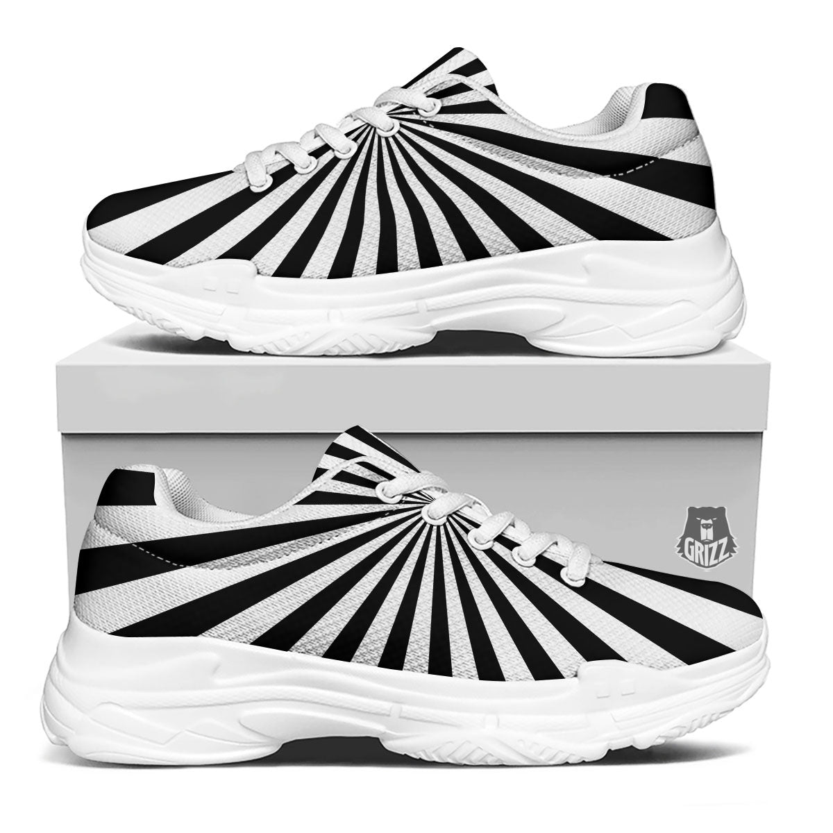 Radial Rays White And Black Print White Chunky Shoes-grizzshop