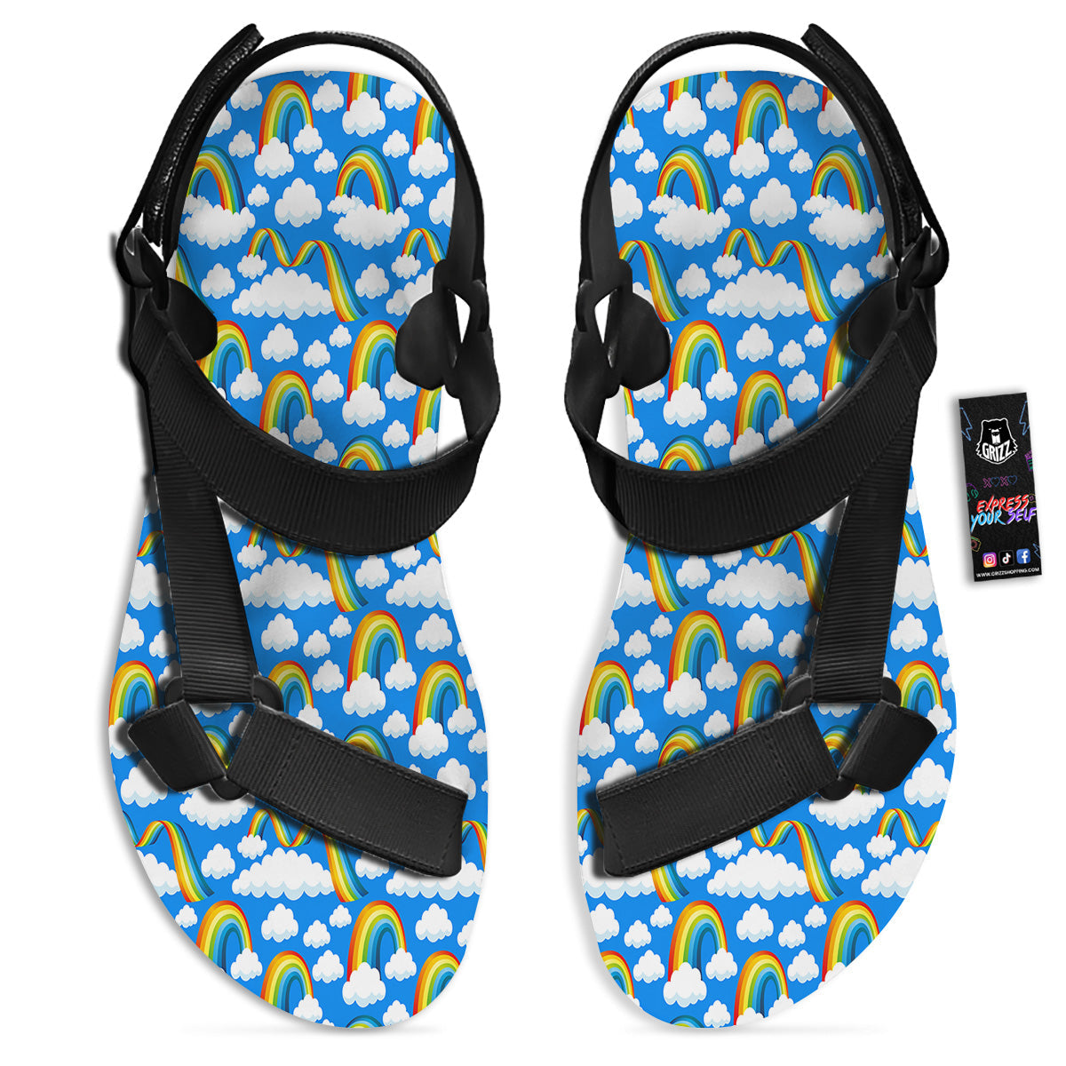 Rainbow And Clouds Blue Print Pattern Black Open Toe Sandals-grizzshop