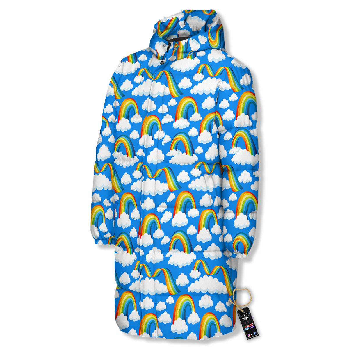 Rainbow And Clouds Blue Print Pattern Long Down Jacket-grizzshop