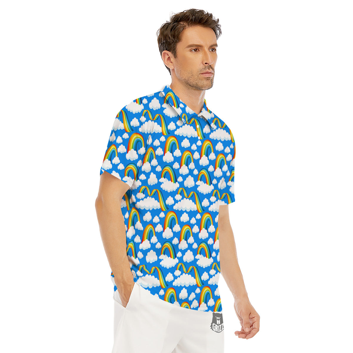 Rainbow And Clouds Blue Print Pattern Men's Golf Shirts-grizzshop