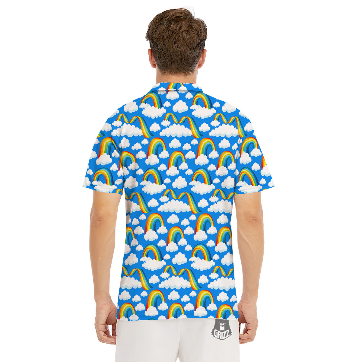 Rainbow And Clouds Blue Print Pattern Men's Golf Shirts-grizzshop