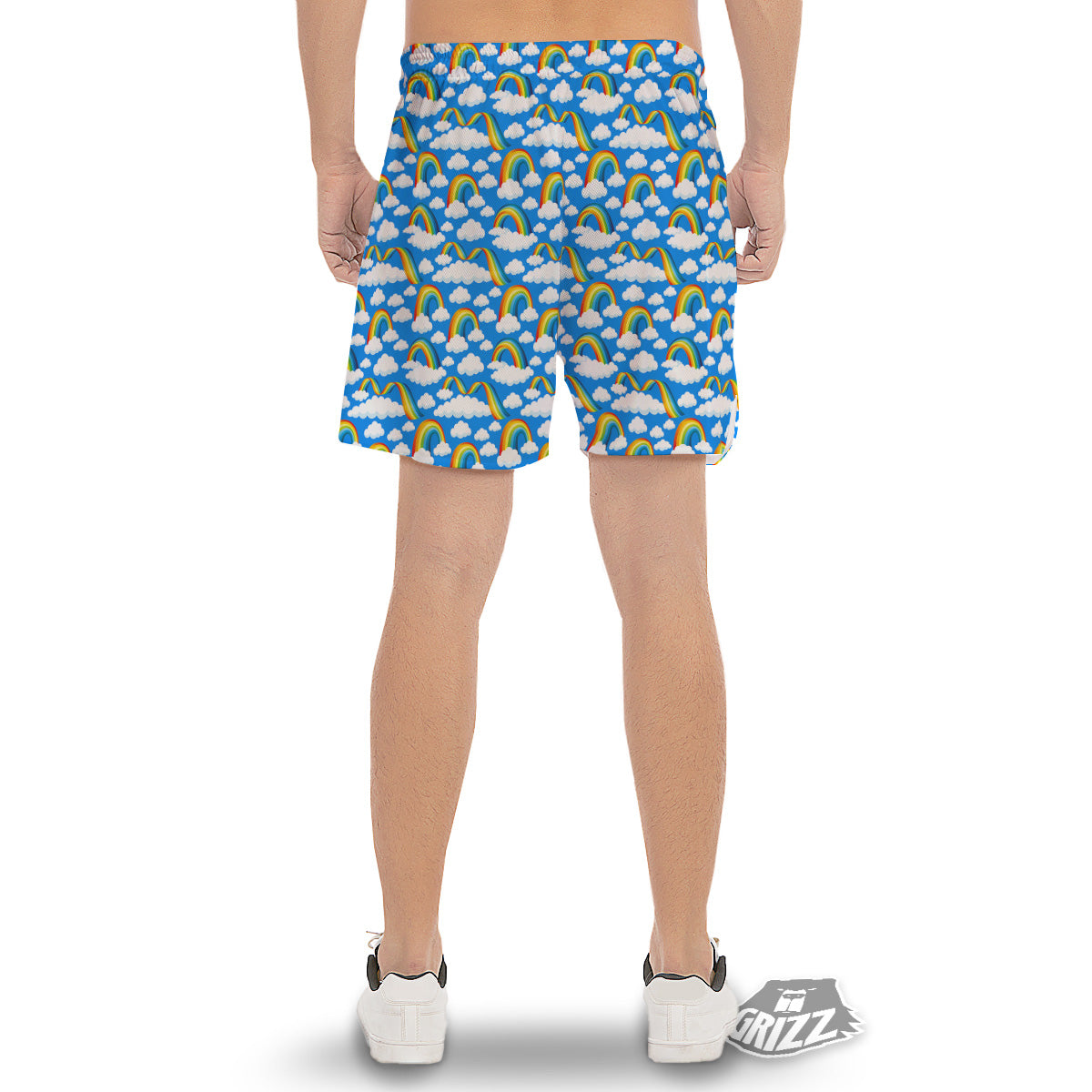 Rainbow And Clouds Blue Print Pattern Men's Gym Shorts-grizzshop