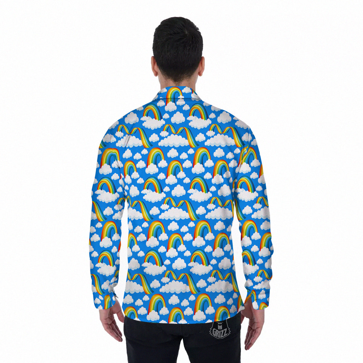 Rainbow And Clouds Blue Print Pattern Men's Long Sleeve Shirts-grizzshop