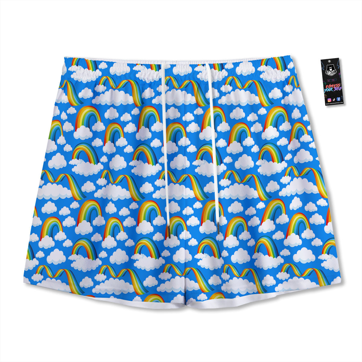 Rainbow And Clouds Blue Print Pattern Mesh Shorts-grizzshop