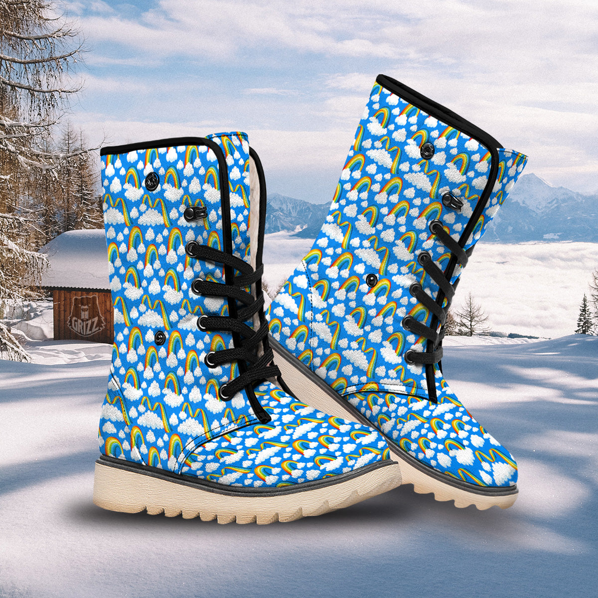 Rainbow And Clouds Blue Print Pattern Snow Boots-grizzshop