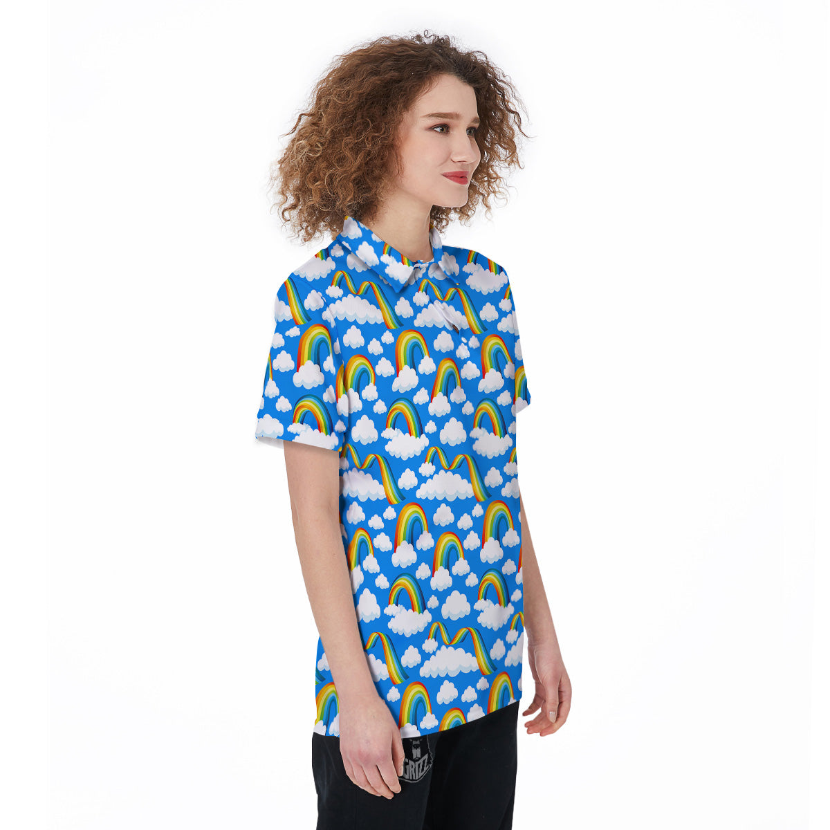 Rainbow And Clouds Blue Print Pattern Women's Golf Shirts-grizzshop