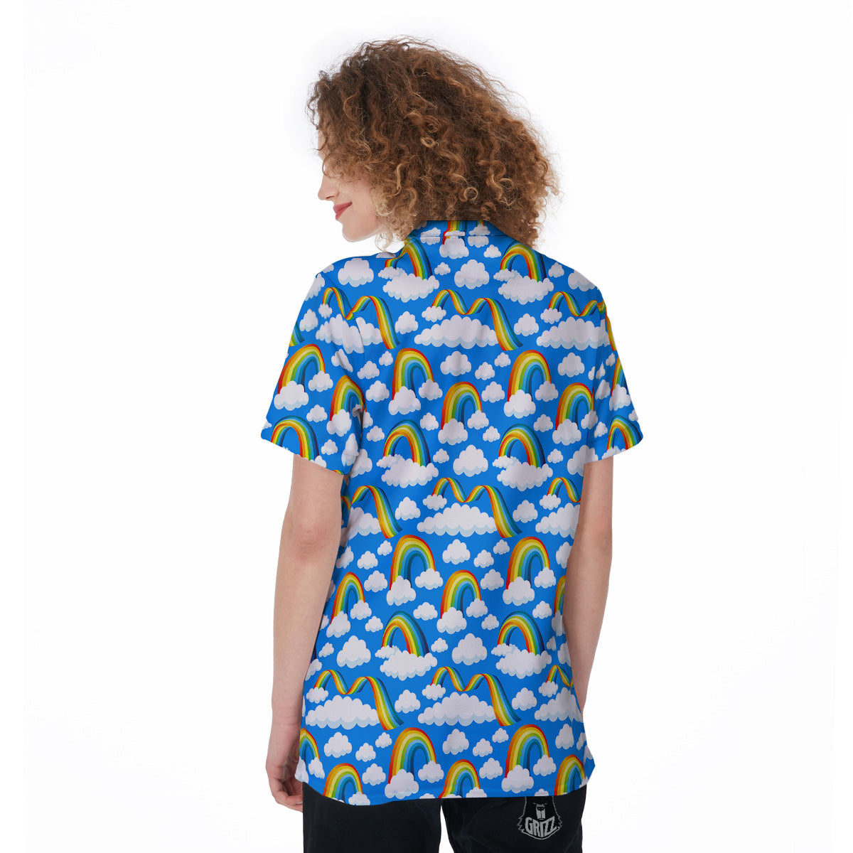 Rainbow And Clouds Blue Print Pattern Women's Golf Shirts-grizzshop