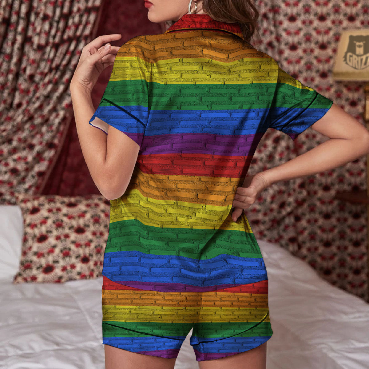 Rainbow Brick Wall LGBT Pride Print Women Silk Pajamas-grizzshop