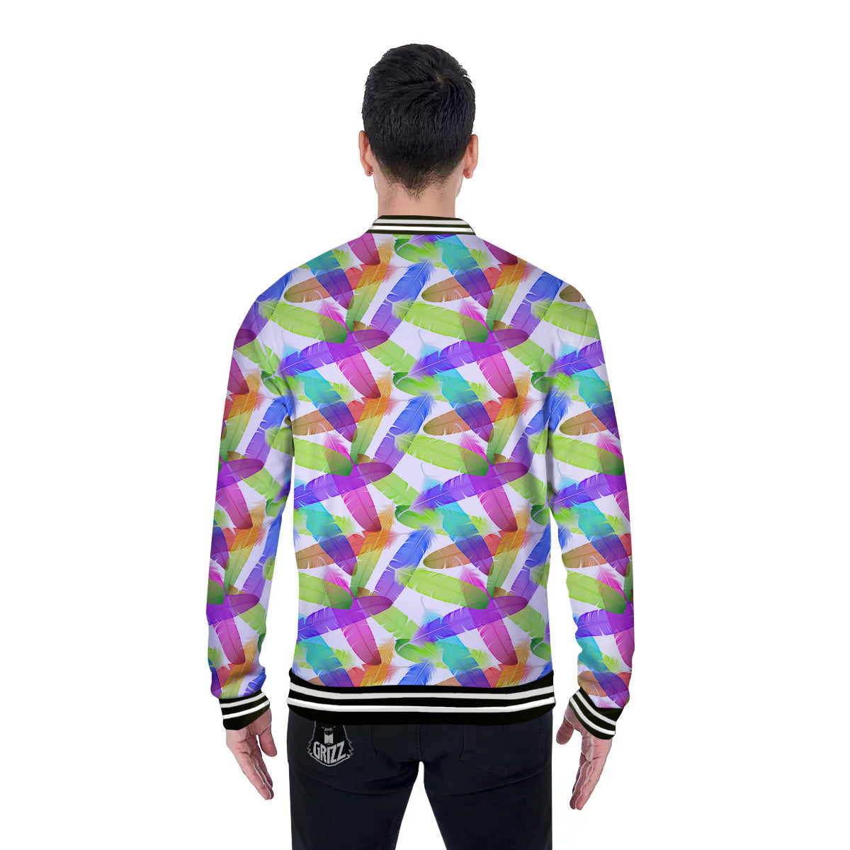 Rainbow Color Feather Print Pattern Baseball Jacket-grizzshop