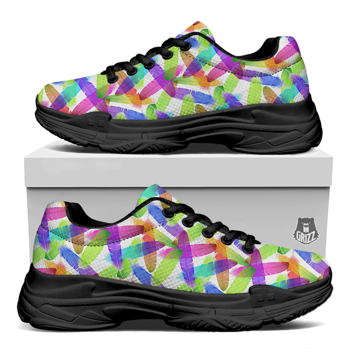 Rainbow Color Feather Print Pattern Black Chunky Shoes-grizzshop