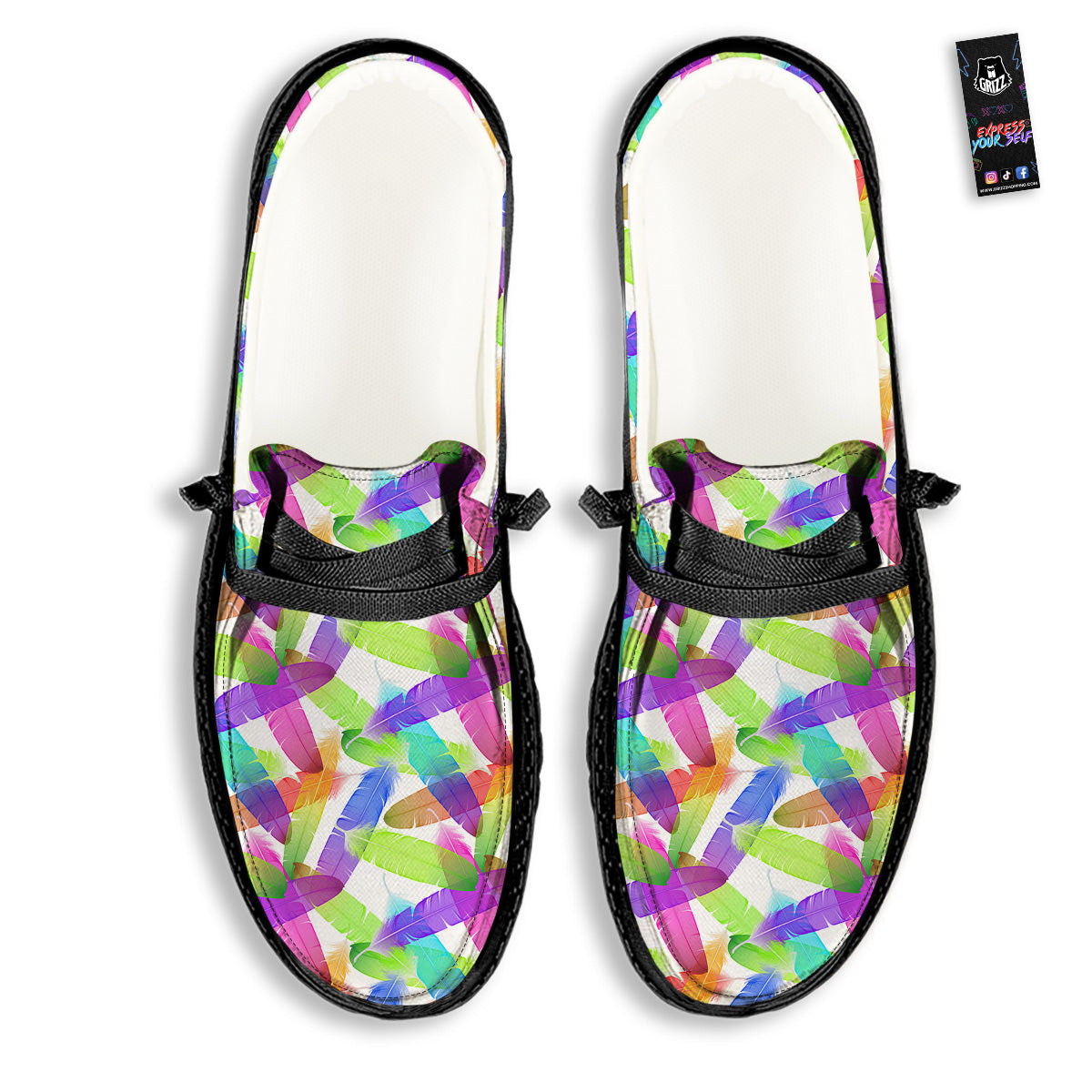 Rainbow Color Feather Print Pattern Black Loafers-grizzshop