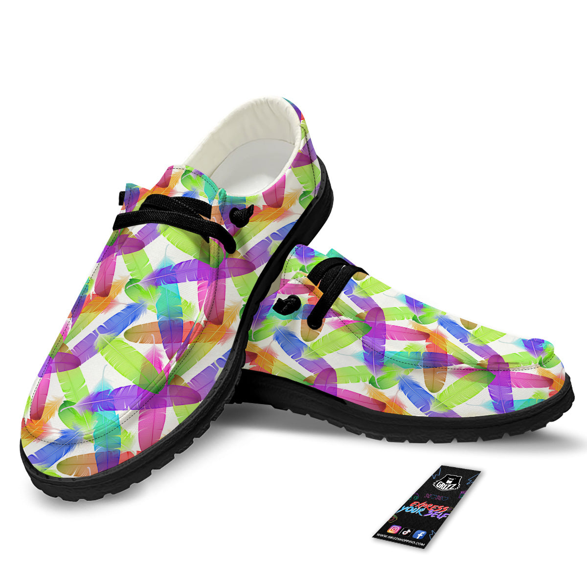 Rainbow Color Feather Print Pattern Black Loafers-grizzshop