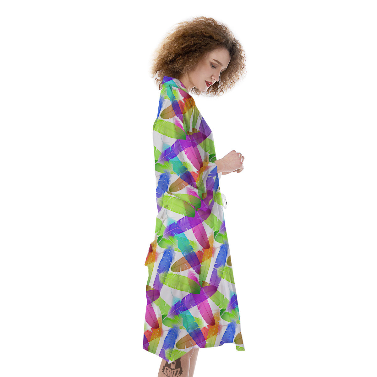 Rainbow Color Feather Print Pattern Kimono-grizzshop