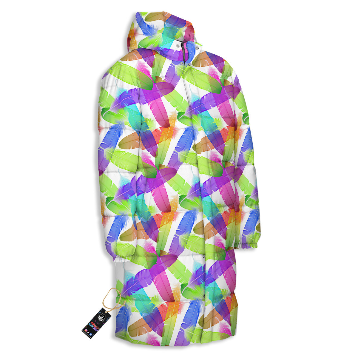 Rainbow Color Feather Print Pattern Long Down Jacket-grizzshop