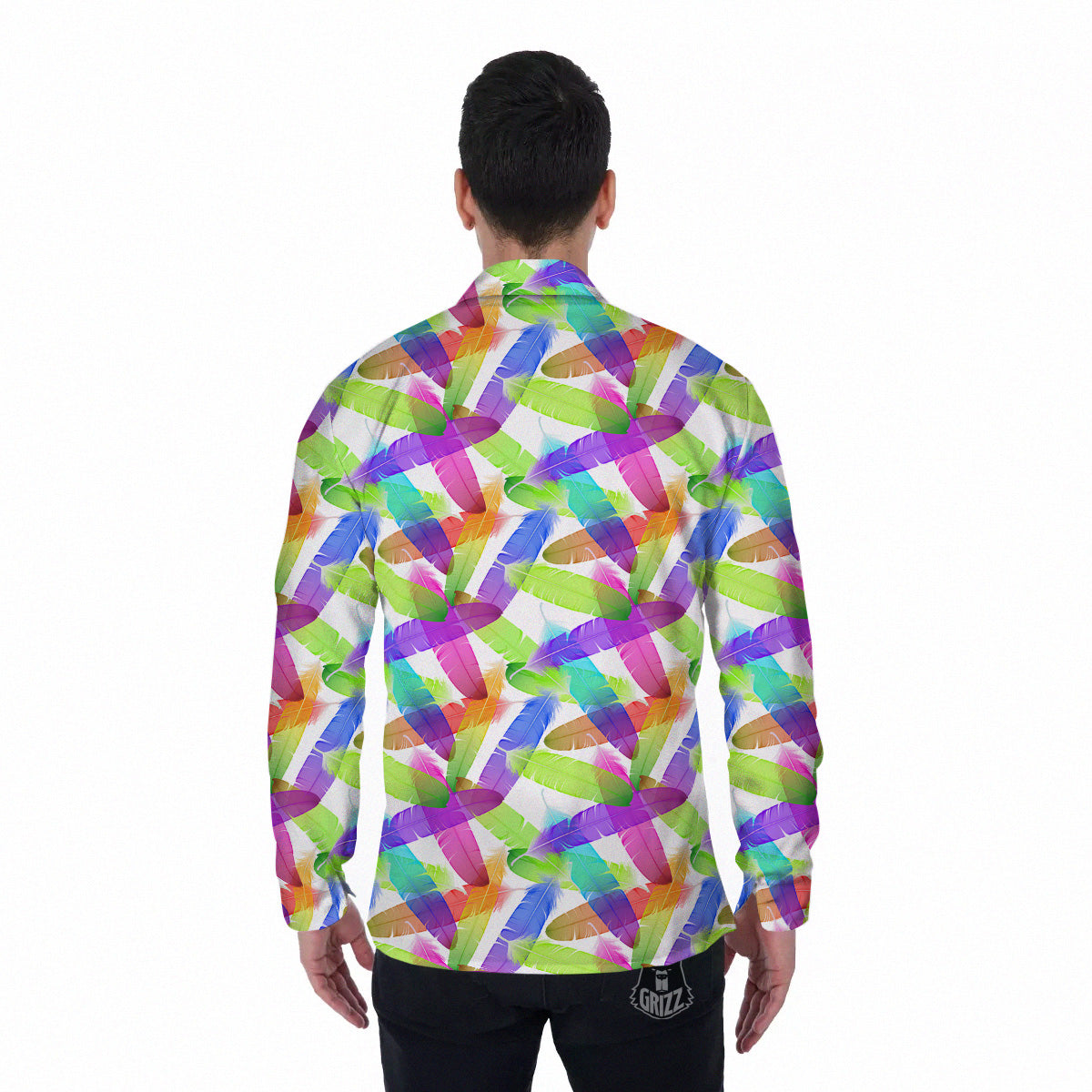 Rainbow Color Feather Print Pattern Men's Long Sleeve Shirts-grizzshop