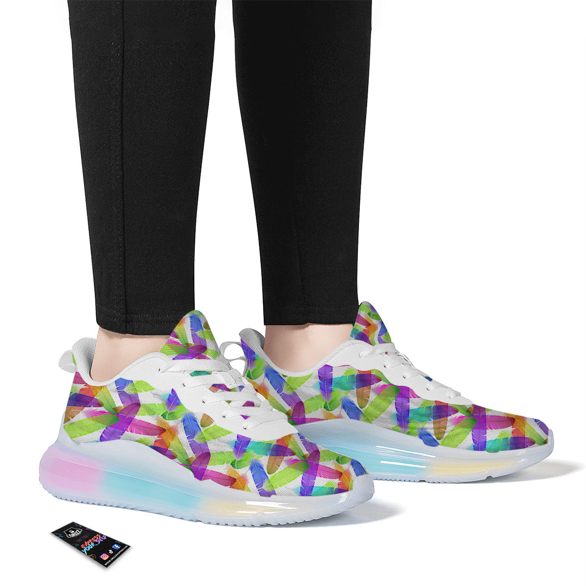 Rainbow Color Feather Print Pattern Running Sneakers-grizzshop