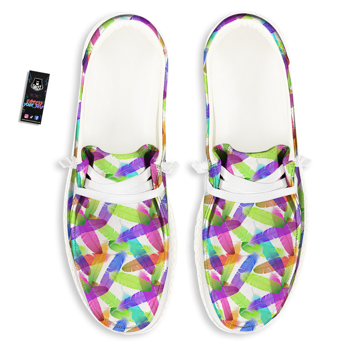 Rainbow Color Feather Print Pattern White Loafers-grizzshop