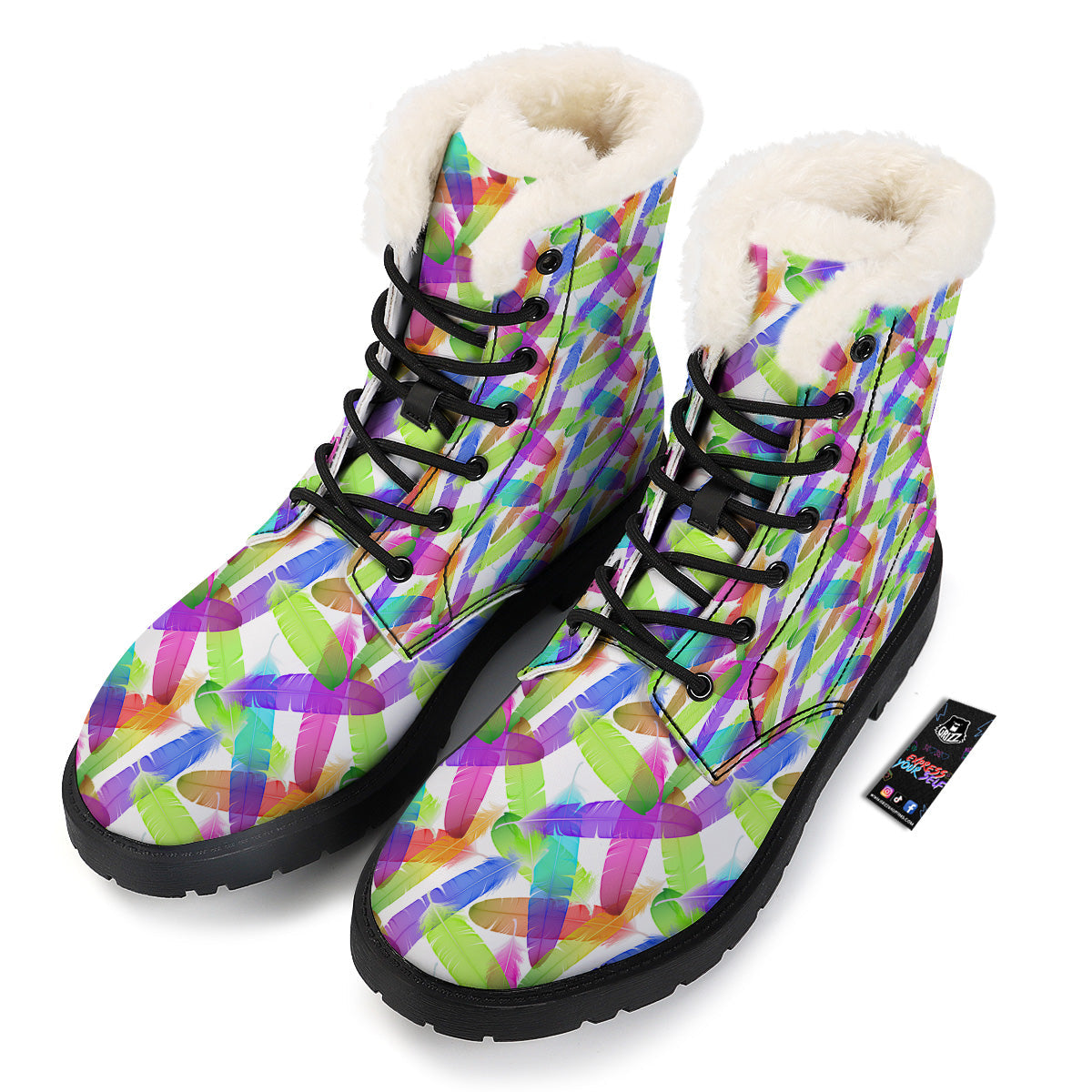 Rainbow Color Feather Print Pattern Winter Boots-grizzshop