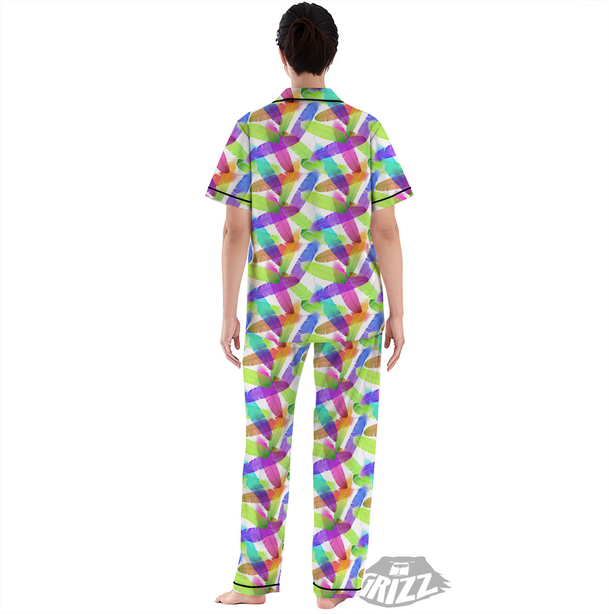 Rainbow Color Feather Print Pattern Women's Pajamas Set-grizzshop
