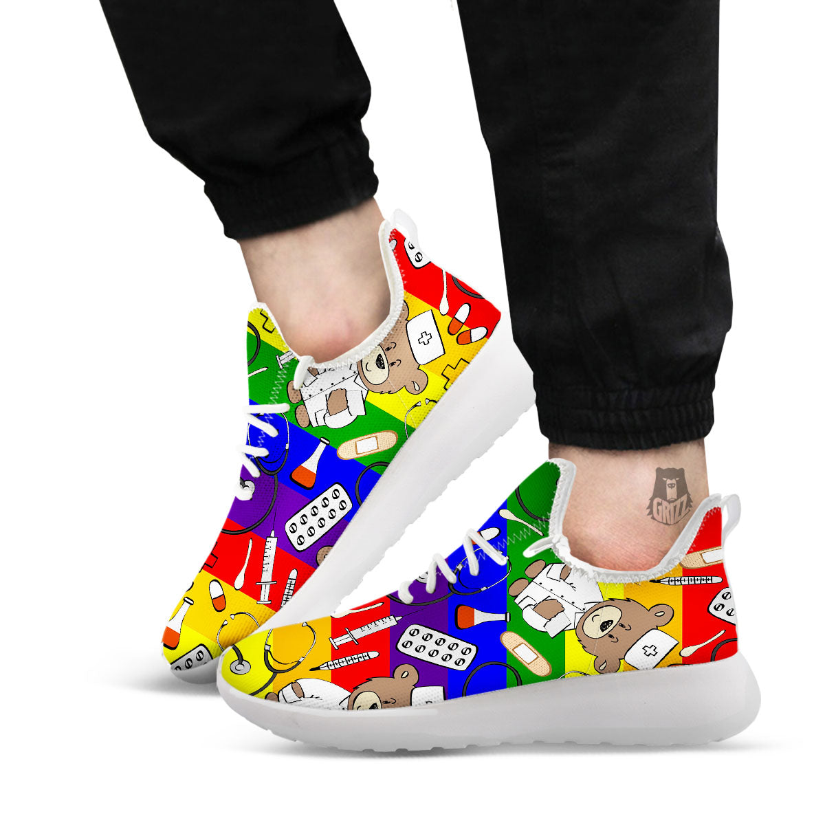 Rainbow Color LGBT Teddy Bear Nurse White Athletic Shoes-grizzshop