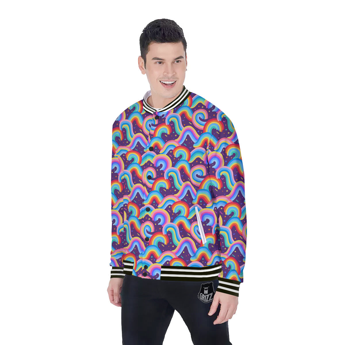 Rainbow Colorful Cute Print Pattern Baseball Jacket-grizzshop