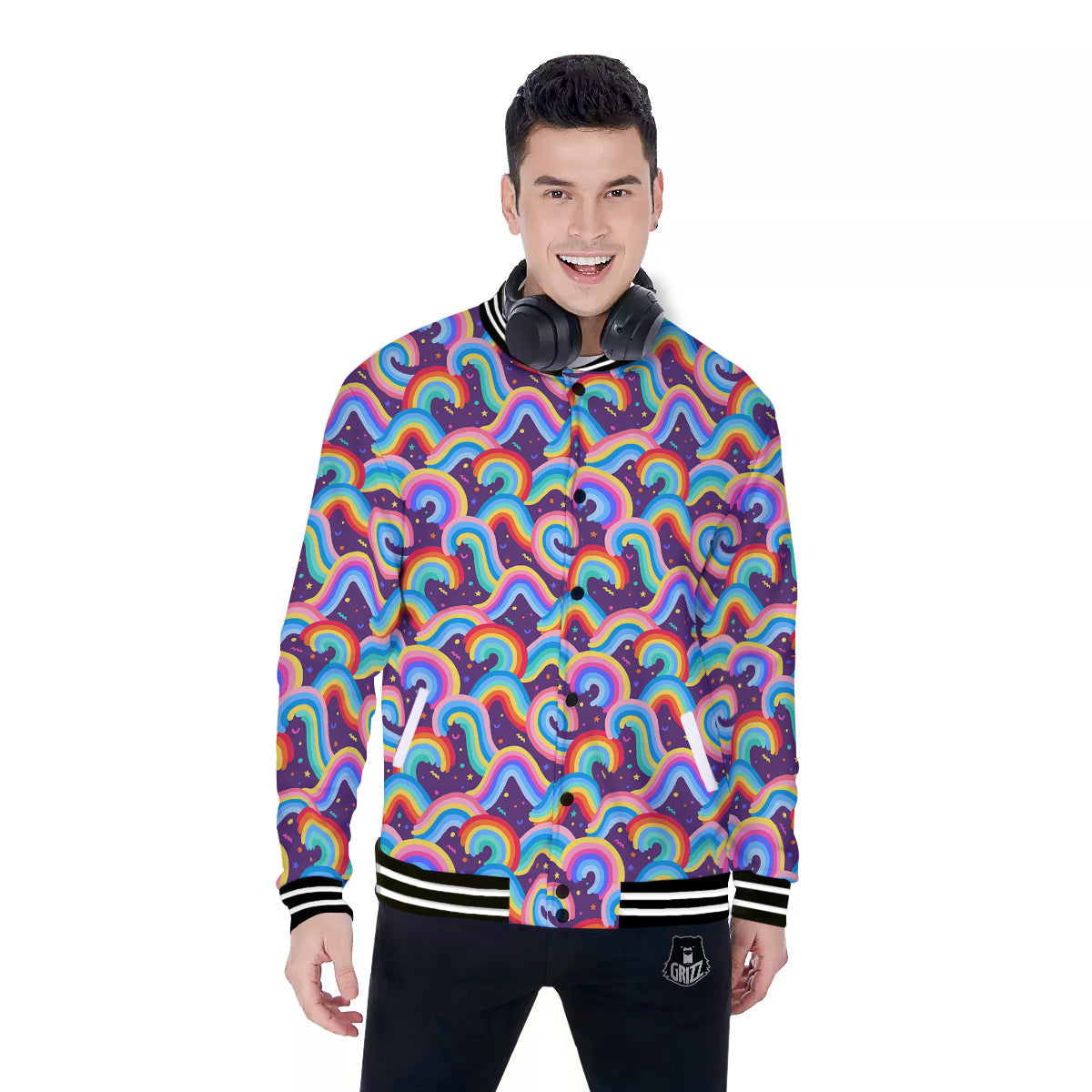 Rainbow Colorful Cute Print Pattern Baseball Jacket-grizzshop