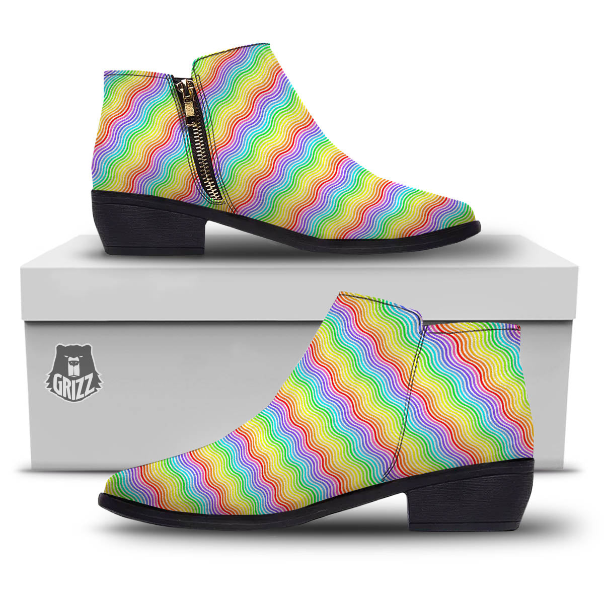 Rainbow Curved Print Pattern Ankle Boots-grizzshop