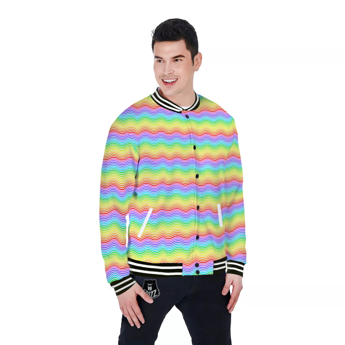Rainbow Curved Print Pattern Baseball Jacket-grizzshop