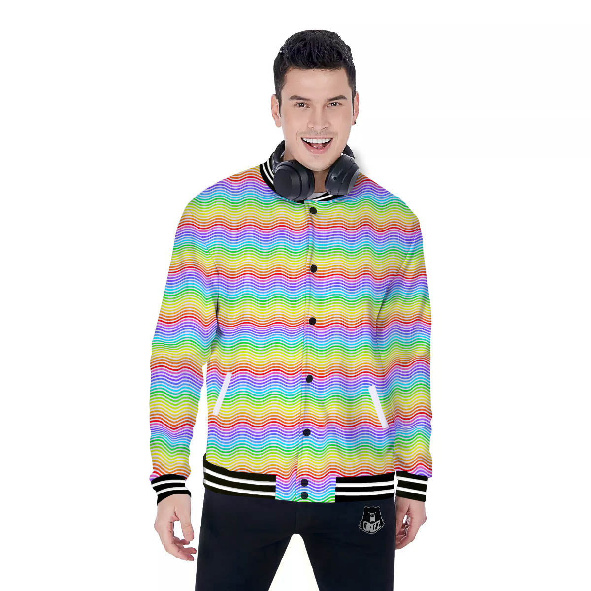 Rainbow Curved Print Pattern Baseball Jacket-grizzshop