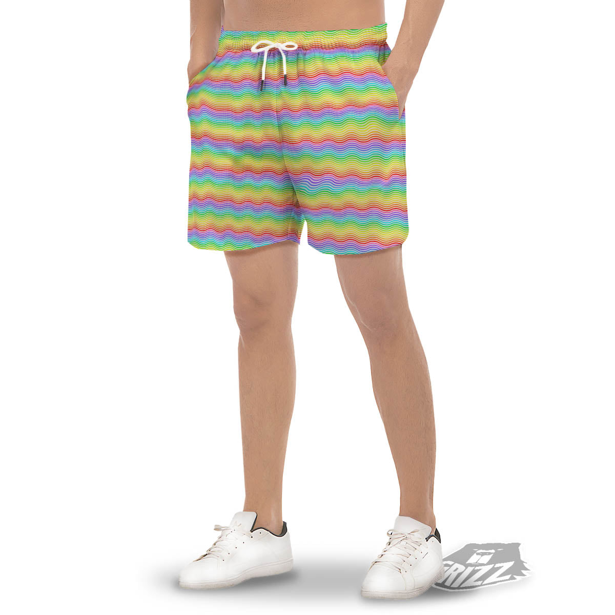 Rainbow Curved Print Pattern Men's Gym Shorts-grizzshop