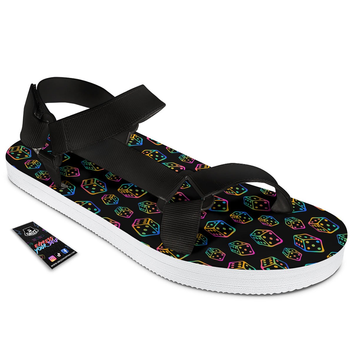 Rainbow Dice Print Pattern Black Open Toe Sandals-grizzshop