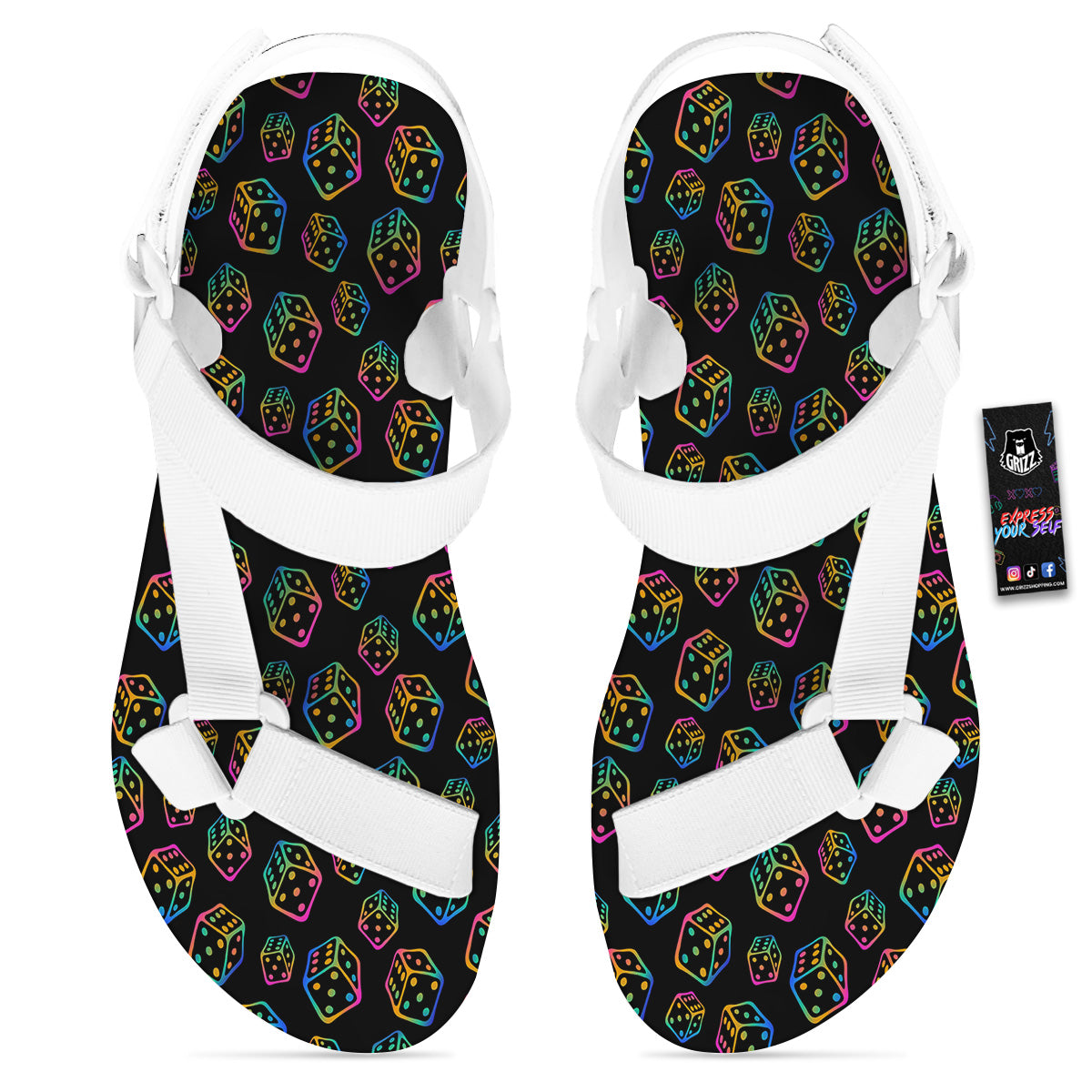 Rainbow Dice Print Pattern White Open Toe Sandals-grizzshop