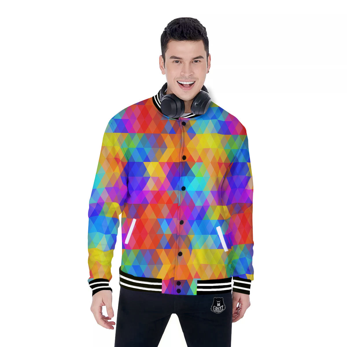 Rainbow Geometric Print Pattern Baseball Jacket-grizzshop