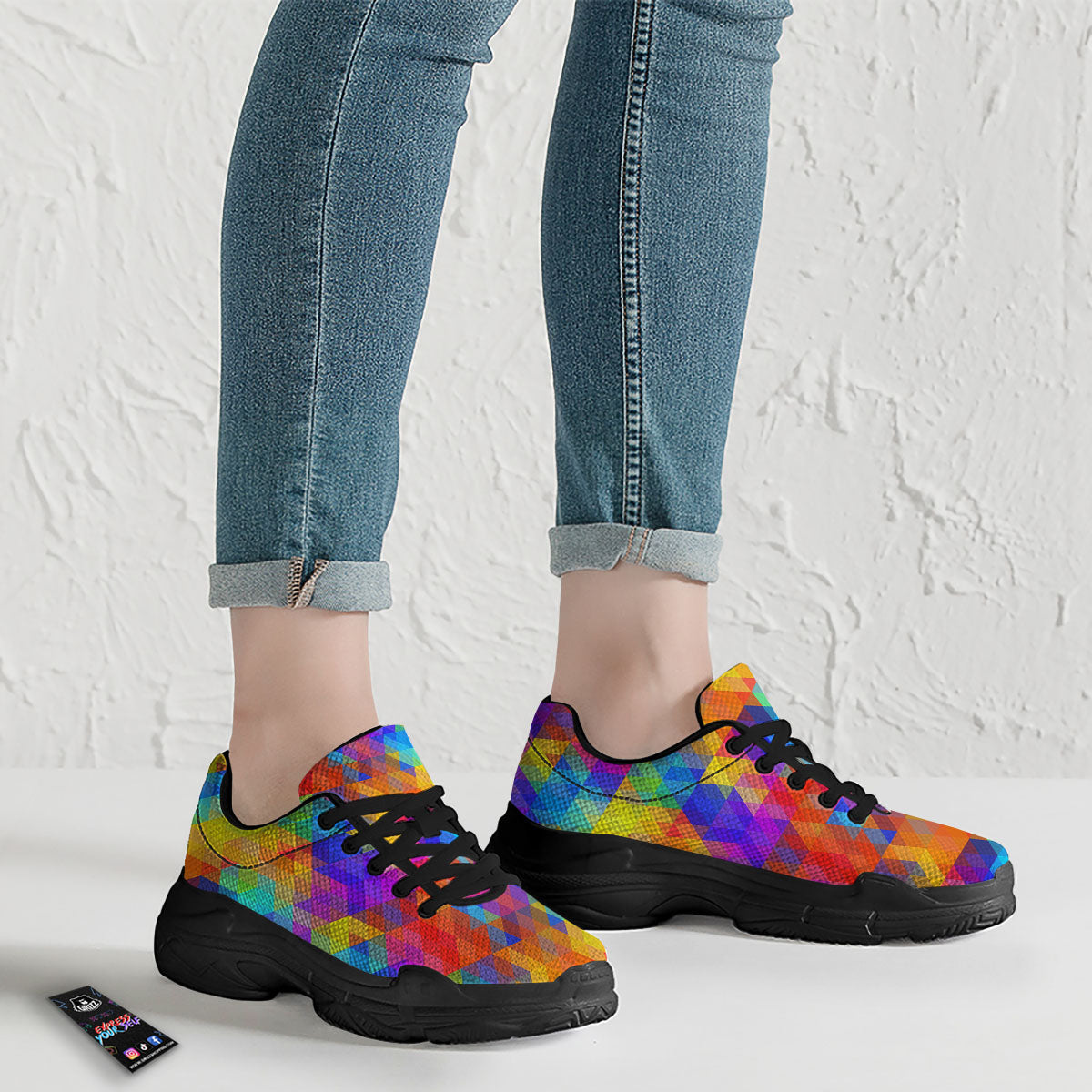 Rainbow Geometric Print Pattern Black Chunky Shoes-grizzshop