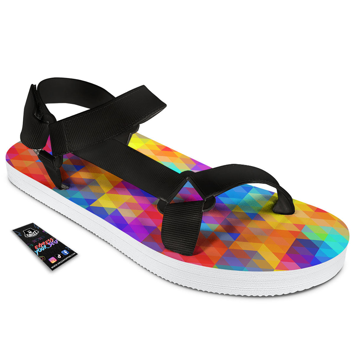 Rainbow Geometric Print Pattern Black Open Toe Sandals-grizzshop