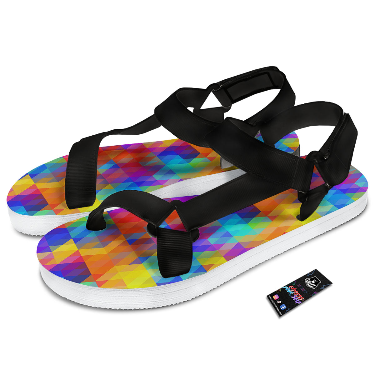 Rainbow Geometric Print Pattern Black Open Toe Sandals-grizzshop