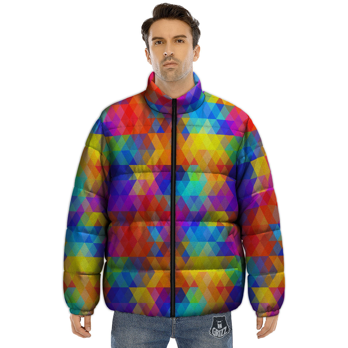 Rainbow Geometric Print Pattern Puffer Jacket-grizzshop