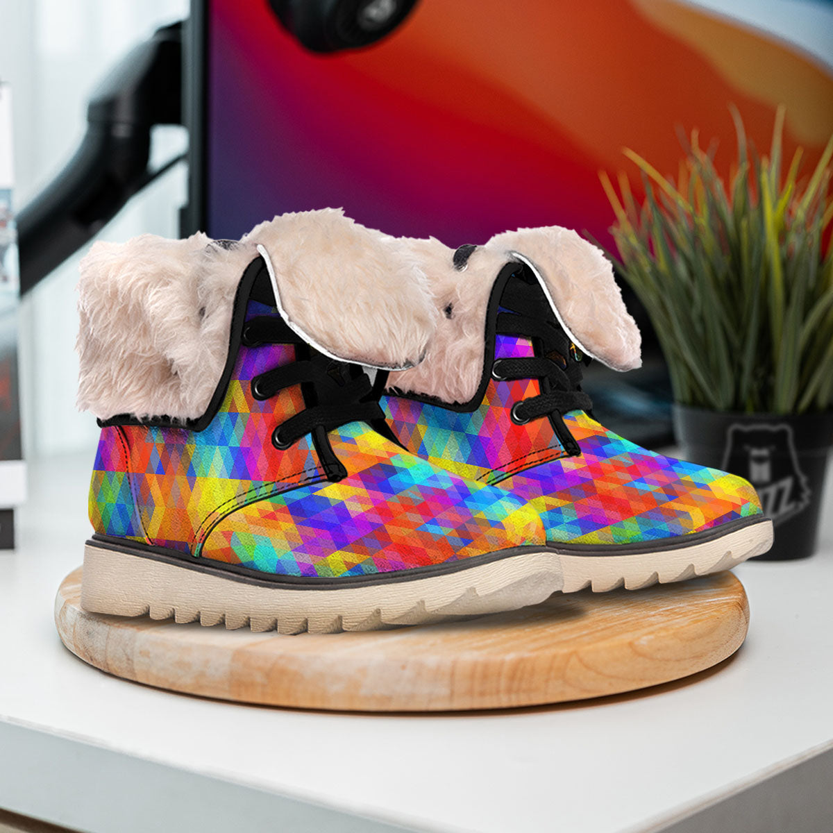 Rainbow Geometric Print Pattern Snow Boots-grizzshop