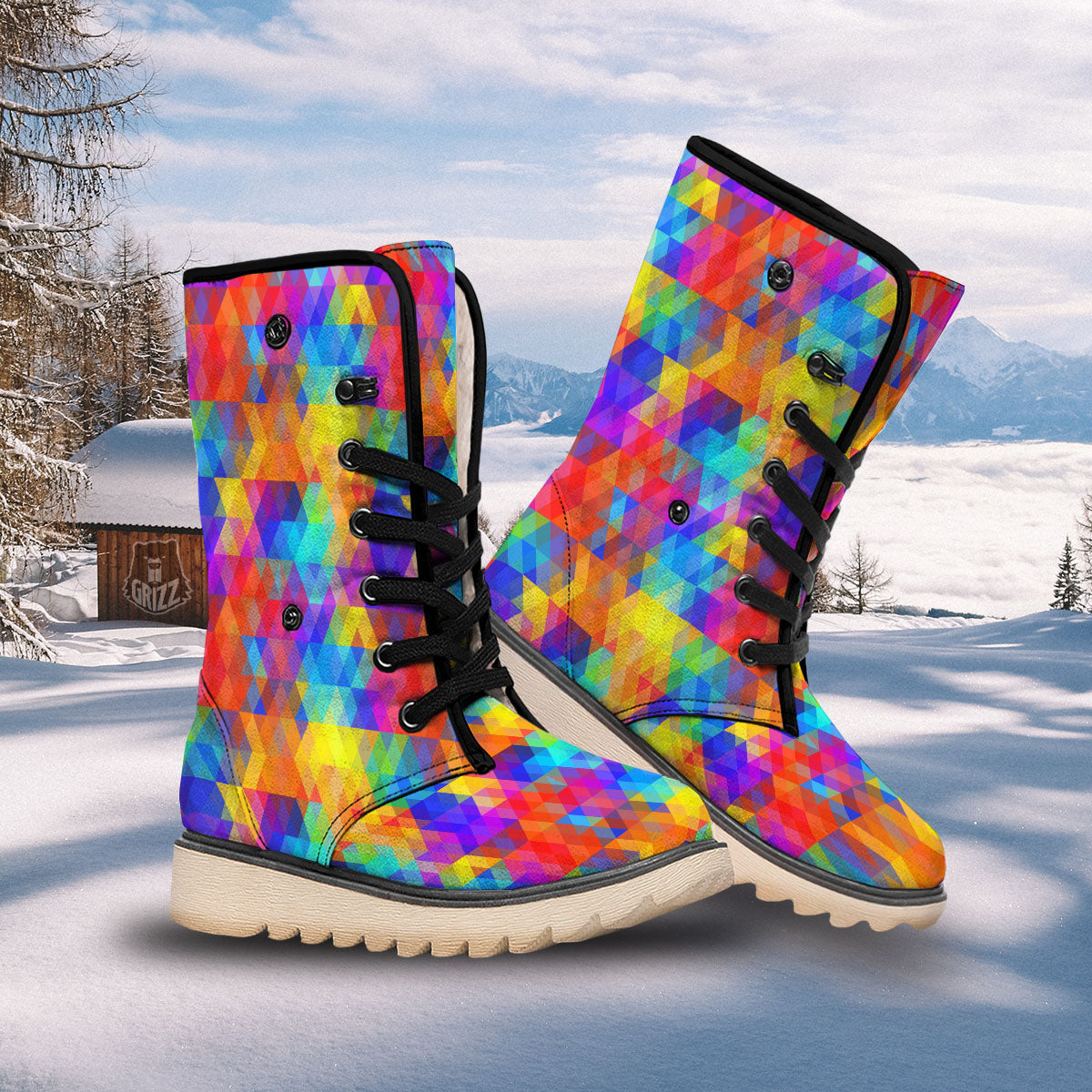 Rainbow Geometric Print Pattern Snow Boots-grizzshop