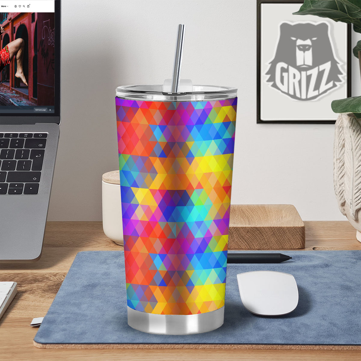 Rainbow Geometric Print Pattern Tumbler-grizzshop