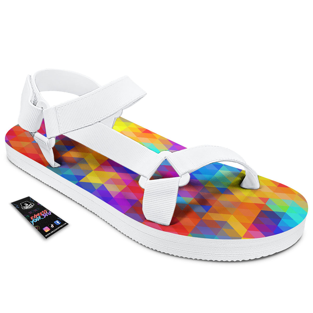 Rainbow Geometric Print Pattern White Open Toe Sandals-grizzshop